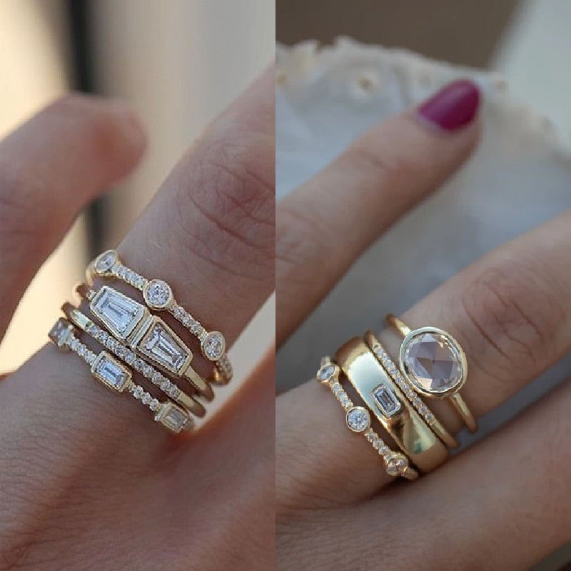 Skanto | Geometric Gold-Tone Combination Round Zircon Crystal Ring Set