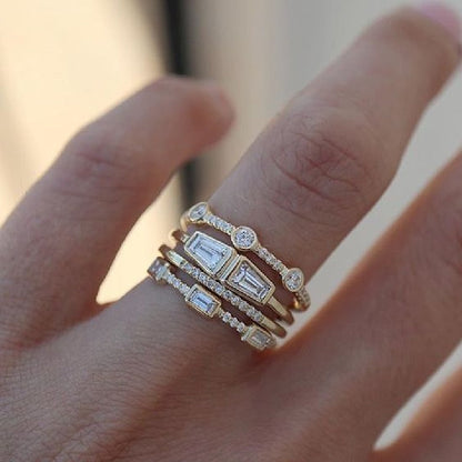 BowLift | Geometric Gold Color Combination Round Zircon Crystal Rings Set