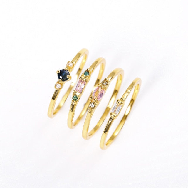Skanto | Geometric Gold-Tone Combination Round Zircon Crystal Ring Set