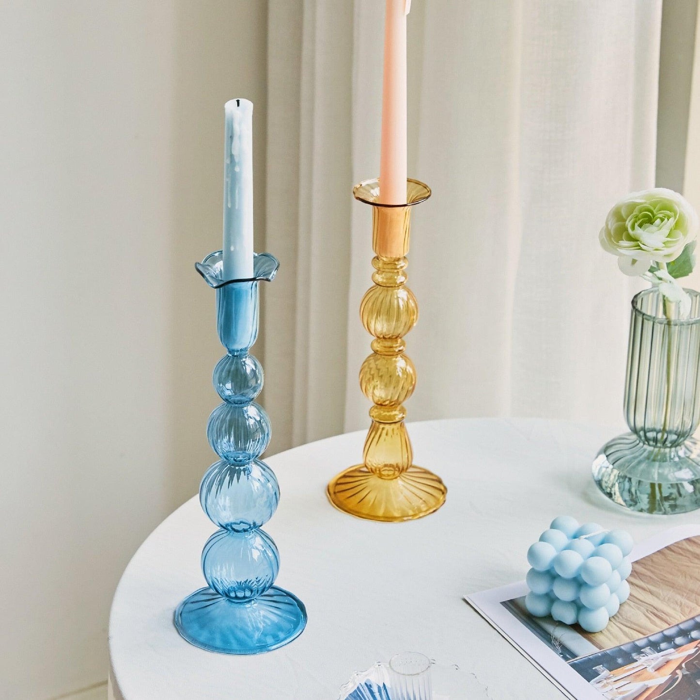 BowLift | GlowCharm Pastel Glass Candle Holder | Decorative Candle Stands | Elegant Table Decor