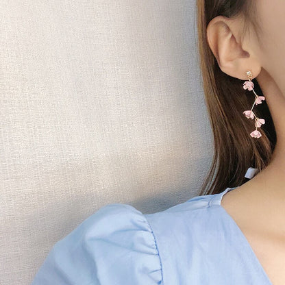 Skanto | Long Rhinestone Crystal Pink Sakura Flower with Zircon Clip Earrings