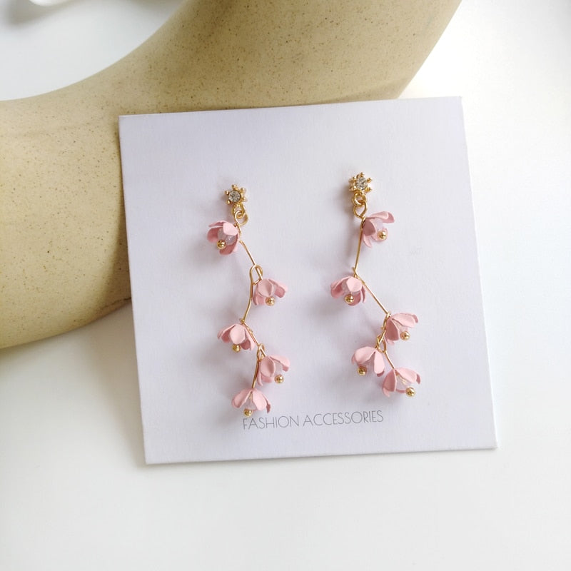 Skanto | Long Rhinestone Crystal Pink Sakura Flower with Zircon Clip Earrings