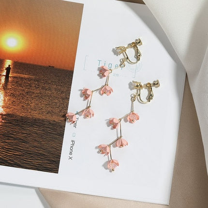 Skanto | Long Rhinestone Crystal Pink Sakura Flower with Zircon Clip Earrings