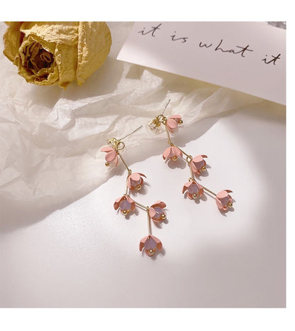Skanto | Long Rhinestone Crystal Pink Sakura Flower with Zircon Clip Earrings