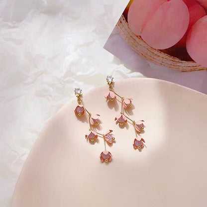 Skanto | Long Rhinestone Crystal Pink Sakura Flower with Zircon Clip Earrings