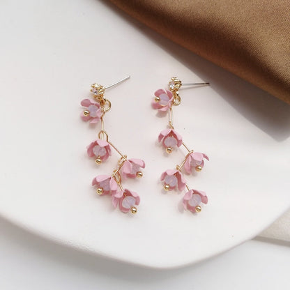 Skanto | Long Rhinestone Crystal Pink Sakura Flower with Zircon Clip Earrings