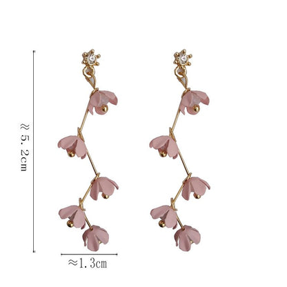 Skanto | Long Rhinestone Crystal Pink Sakura Flower with Zircon Clip Earrings