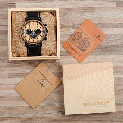 BowLift | Wood and Stainless Steel Wooden Watch w/ Luminous Hands Mens Quartz Wristwatch