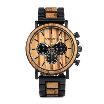 BowLift | Wood and Stainless Steel Wooden Watch w/ Luminous Hands Mens Quartz Wristwatch