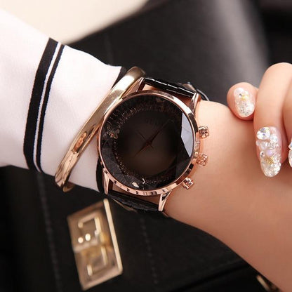 Skanto | Black Luxury Diamond Genuine Leather Women's Watch