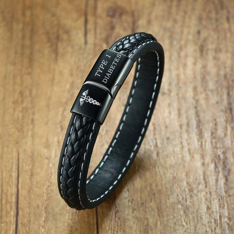 Brehn | Men's Diabetes Medical Alert ID Bracelet - Quilted Black Leather - For Type 1 and Type 2 Diabetes