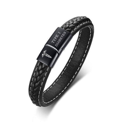 Brehn | Men's Diabetes Medical Alert ID Bracelet - Quilted Black Leather - For Type 1 and Type 2 Diabetes