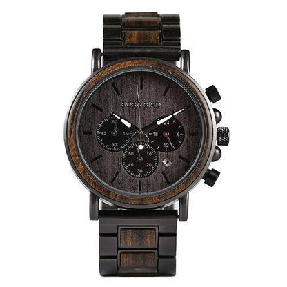 BowLift | Wood and Stainless Steel Wooden Watch w/ Luminous Hands Mens Quartz Wristwatch
