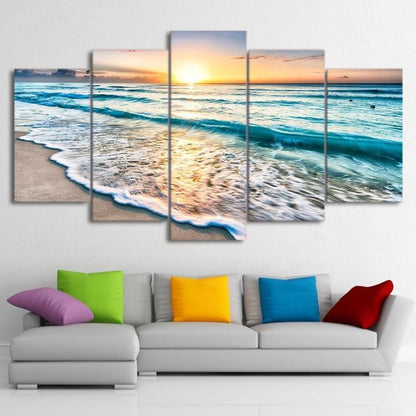Sunset Beach 5 Piece Canvas Wall Art Painting | Coastal Beach Sunset Decor for Living Room & Bedroom | Bowlift
