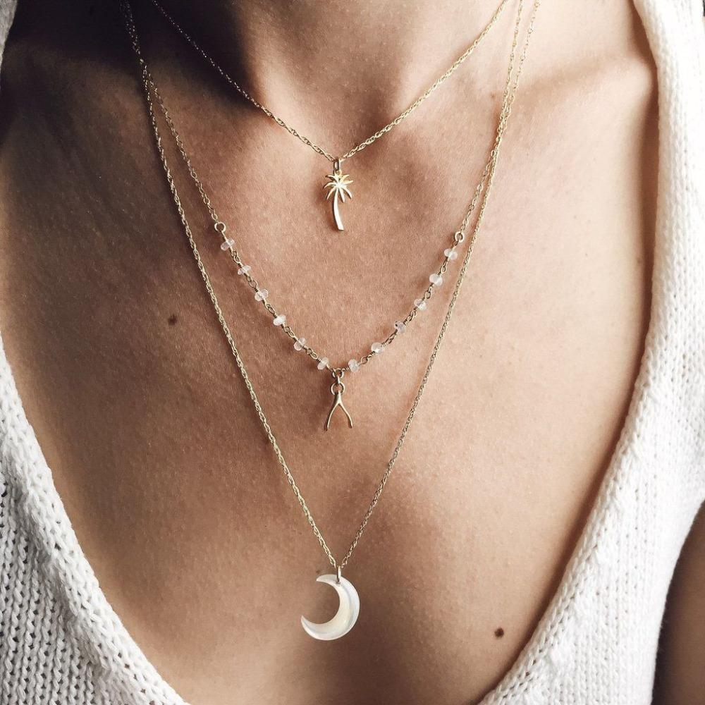 Multi Layered Boho Coconut Tree, Wish Bone, Moon Pendant Necklace | Bowlift