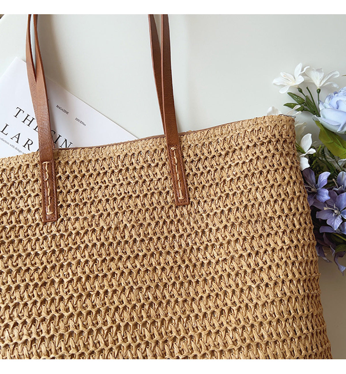 Skanto | Rattan Woven Bag with Leather Straps - SummerBreeze Tote