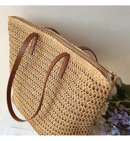 Skanto | Rattan Woven Bag with Leather Straps - SummerBreeze Tote