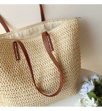 Skanto | Rattan Woven Bag with Leather Straps - SummerBreeze Tote