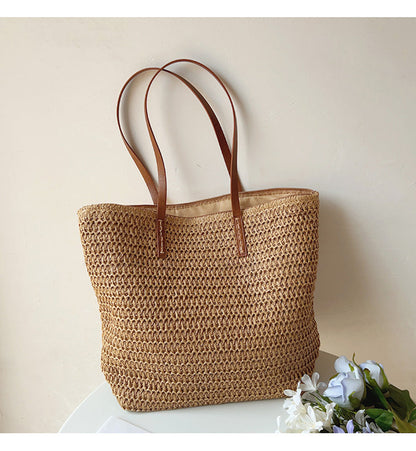 Skanto | Rattan Woven Bag with Leather Straps - SummerBreeze Tote