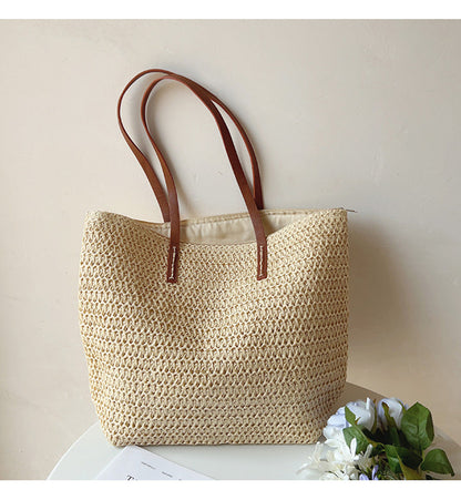 Skanto | Rattan Woven Bag with Leather Straps - SummerBreeze Tote