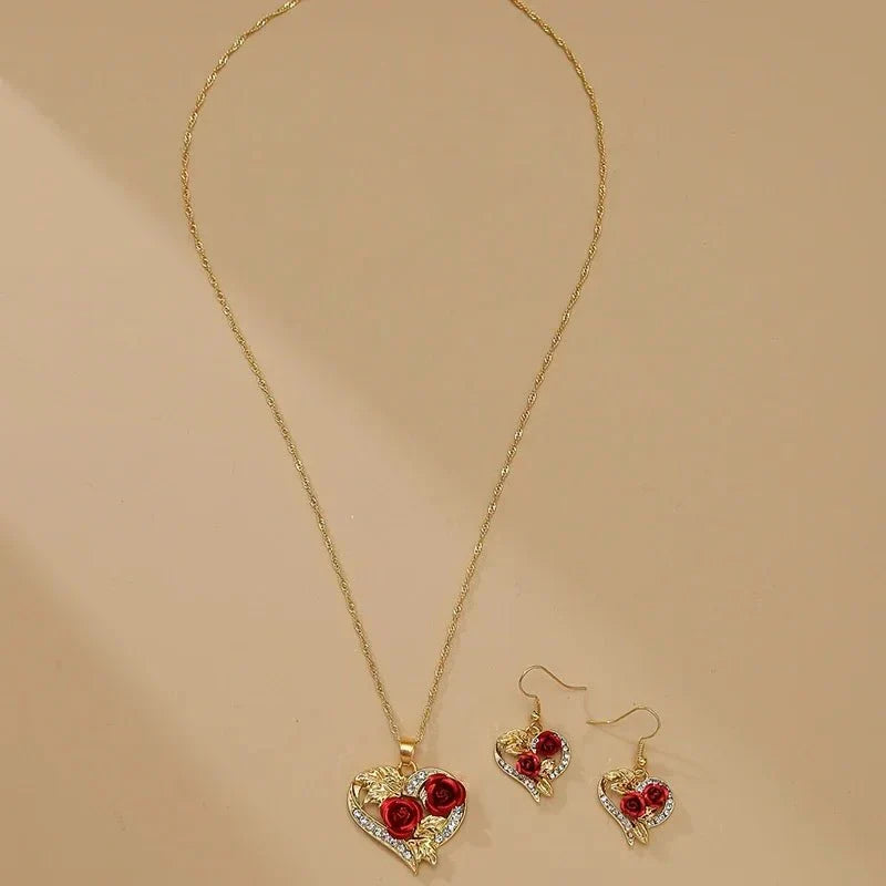 BowLift | Romantic Heart Rose Diamond Necklace and Earring Set