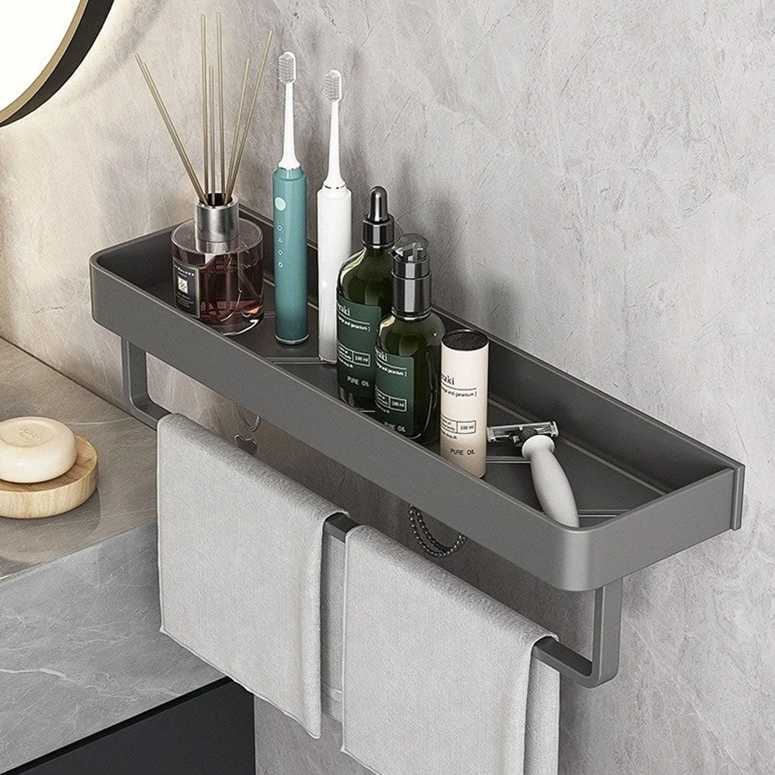 Contemporary elegant grey bathroom shelves with towel rail | Karnz