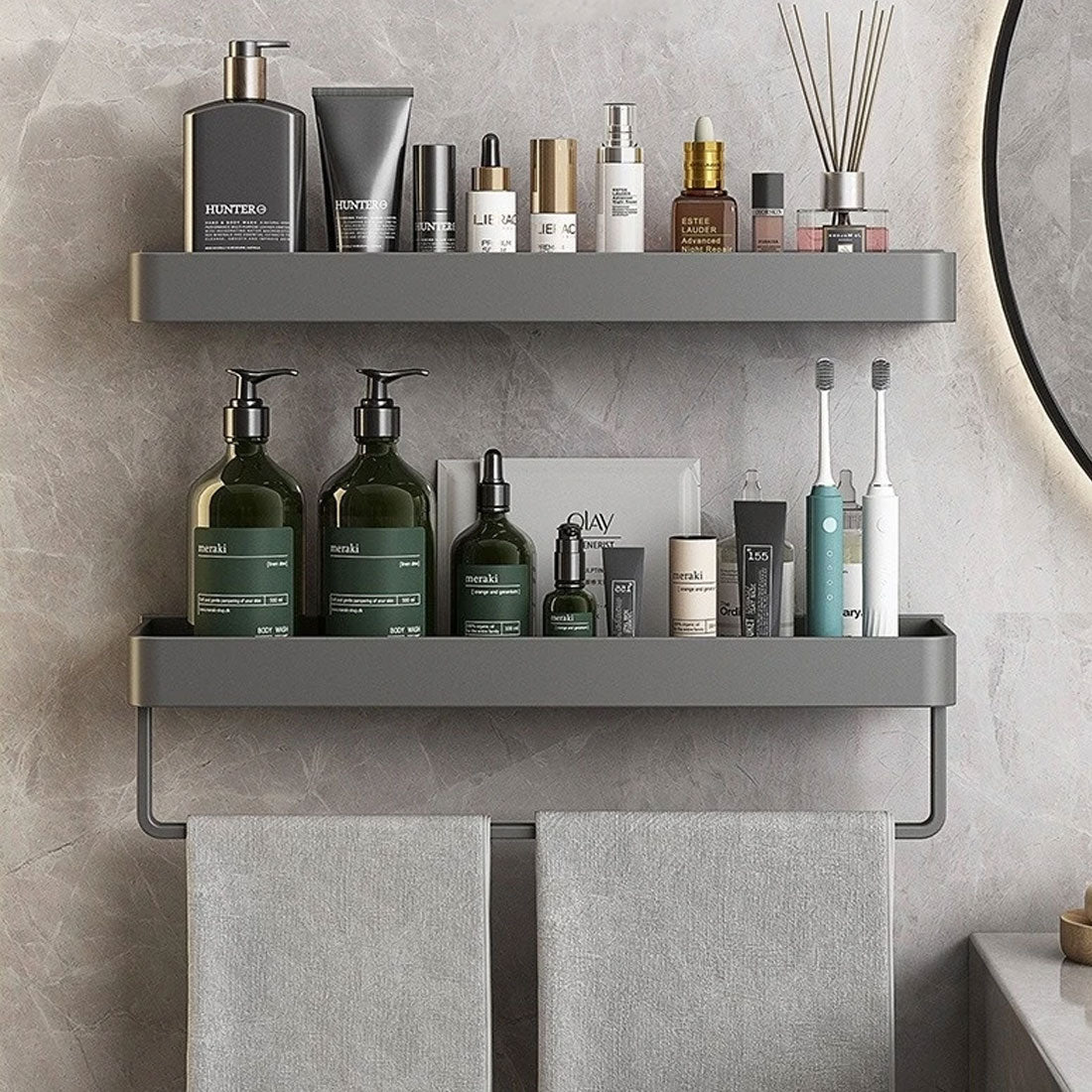 Contemporary elegant grey bathroom shelves with towel rail | Karnz