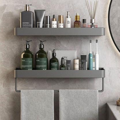 Contemporary elegant grey bathroom shelves with towel rail | Karnz