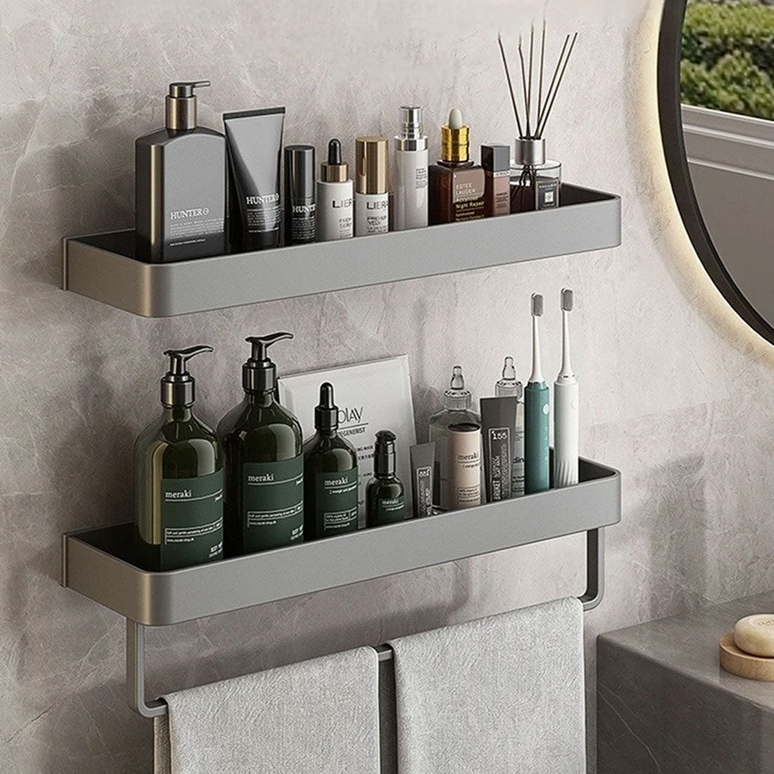 Contemporary elegant grey bathroom shelves with towel rail | Karnz