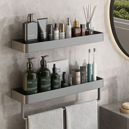 Contemporary elegant grey bathroom shelves with towel rail | Karnz