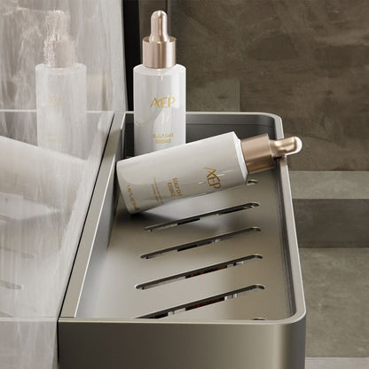 Contemporary elegant grey bathroom shelves with towel rail | Karnz