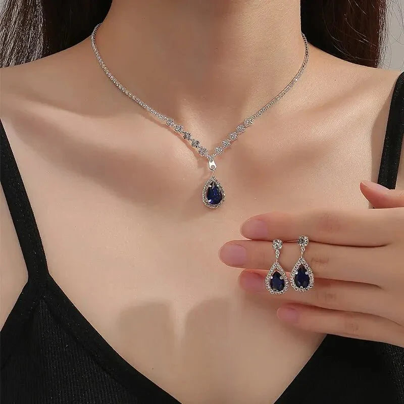 BowLift | Shimmering Blue Teardrop Diamond Necklace and Earrings Set