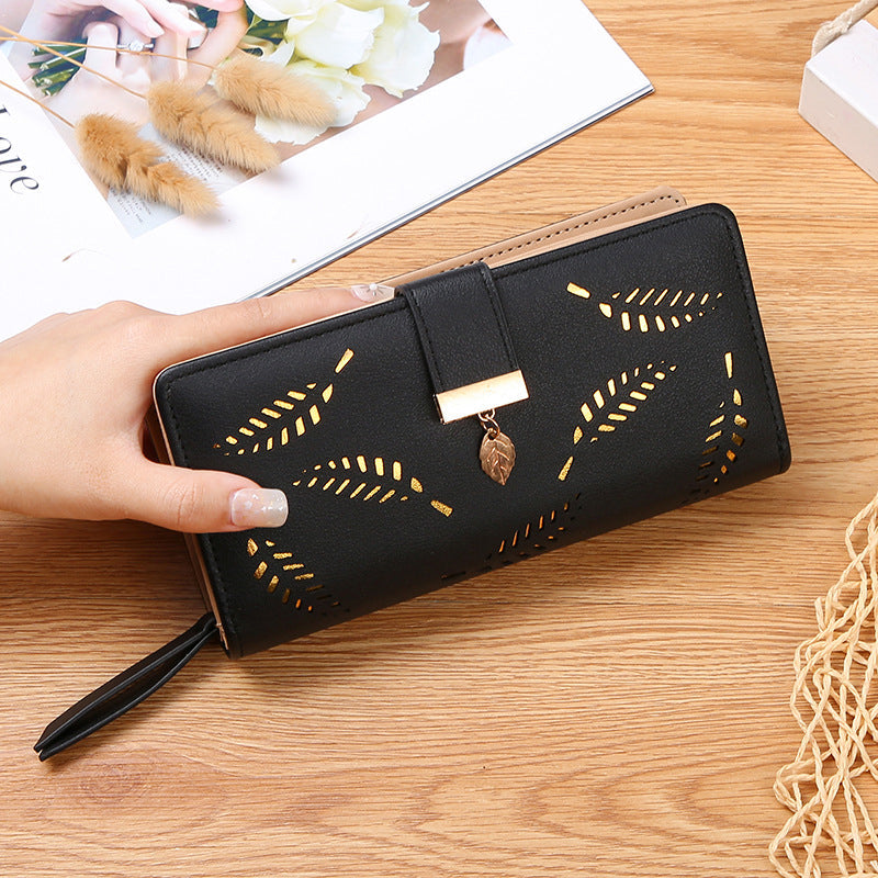 Long wallet for women with leaf pattern
