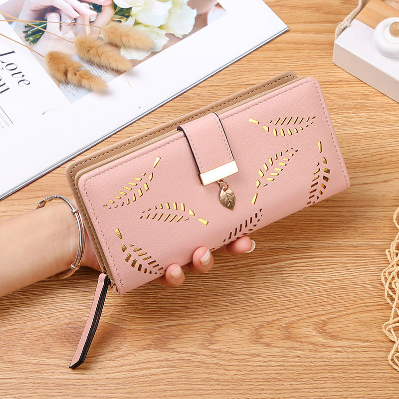 Long wallet for women with leaf pattern