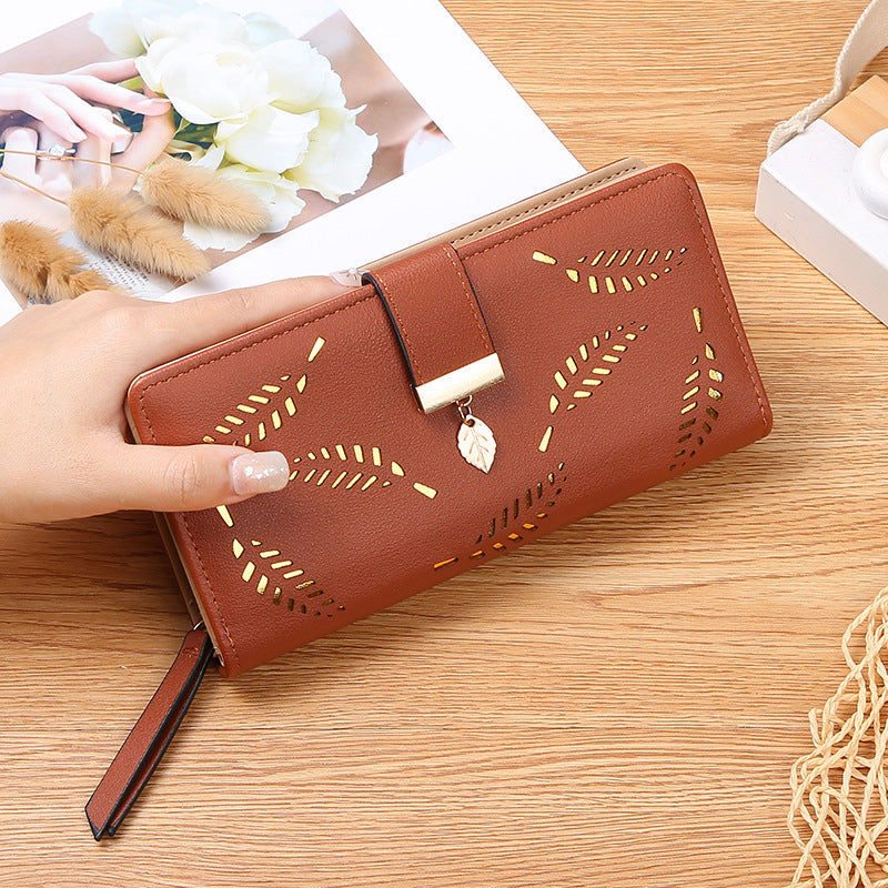 Long wallet for women with leaf pattern
