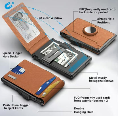 Skanto | 🔥Pop Up Aluminum Case Money Clip Slim Leather Slots Credit Card Holders RFID Blocking Bifold Minimalist Wallet