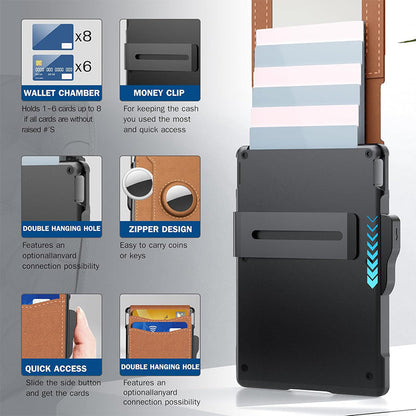 Men's wallet – with a flip-open aluminum case. Minimalist wallet with a leather money clip and space for credit cards. RFID protection.