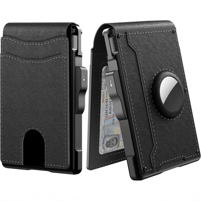 Men's wallet – with a flip-open aluminum case. Minimalist wallet with a leather money clip and space for credit cards. RFID protection.