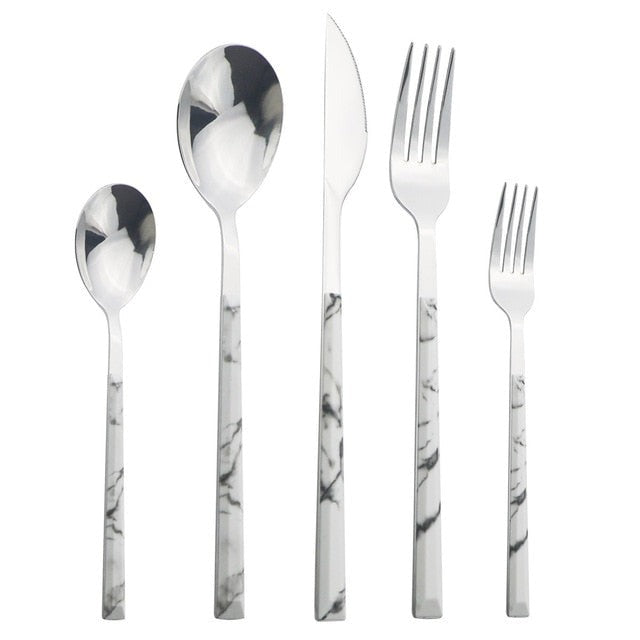 Stainless Steel Cutlery Set Imitation Wood Marble Handle Set | Karnz