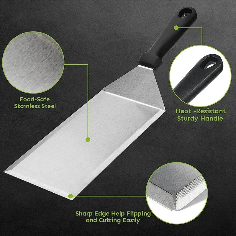 Stainless Steel Long Grill Spatula with Cutting Edges Scraper Tool | Bowlift