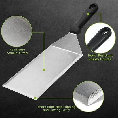 Stainless Steel Long Grill Spatula with Cutting Edges Scraper Tool | Bowlift