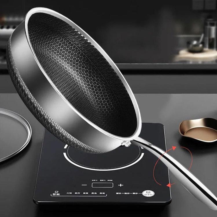 FERROFLAME – Stainless steel frying pan with honeycomb-shaped heat distribution