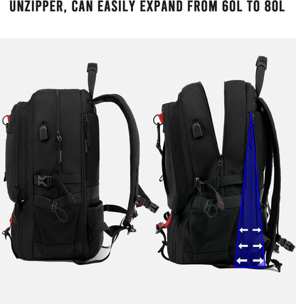 60L waterproof travel laptop backpack with USB port and shoe compartment | Karnz