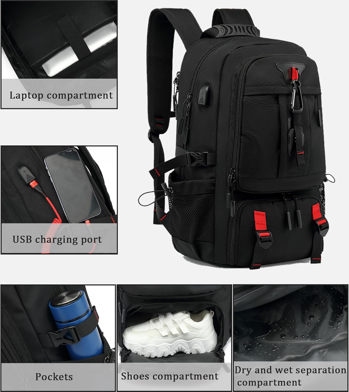 60L waterproof travel laptop backpack with USB port and shoe compartment | Karnz