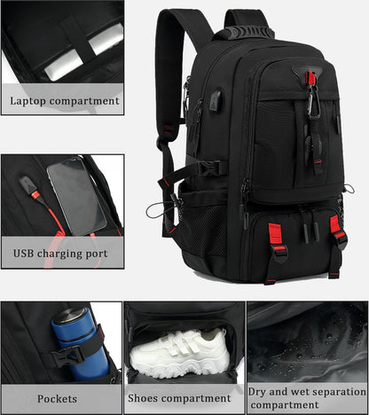 60L waterproof travel laptop backpack with USB port and shoe compartment | Karnz