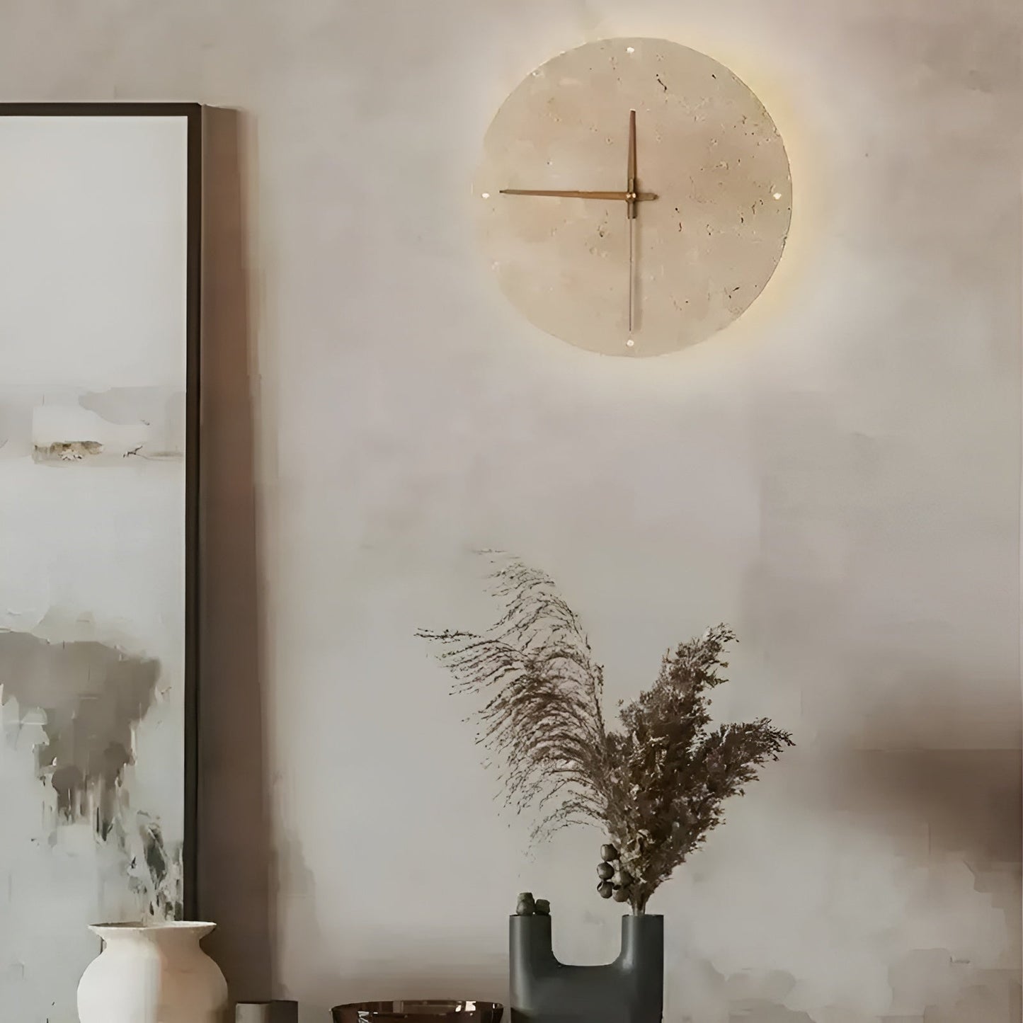 Travertine Wall Clock with LED Light – Minimalist & Decorative | High-Quality Natural Stone Clock | Karnz