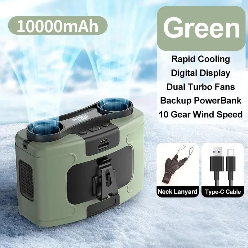 10000mAh Portable Outdoor Waist Fan – Hanging Neck & Strong Wind with Power Bank & LED Lighting | Bowlift