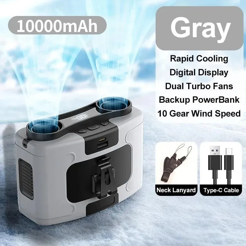 10000mAh Portable Outdoor Waist Fan – Hanging Neck & Strong Wind with Power Bank & LED Lighting | Bowlift
