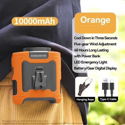 10000mAh Portable Outdoor Waist Fan – Hanging Neck & Strong Wind with Power Bank & LED Lighting | Bowlift