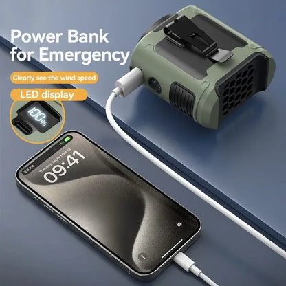 10000mAh Portable Outdoor Waist Fan – Hanging Neck & Strong Wind with Power Bank & LED Lighting | Bowlift